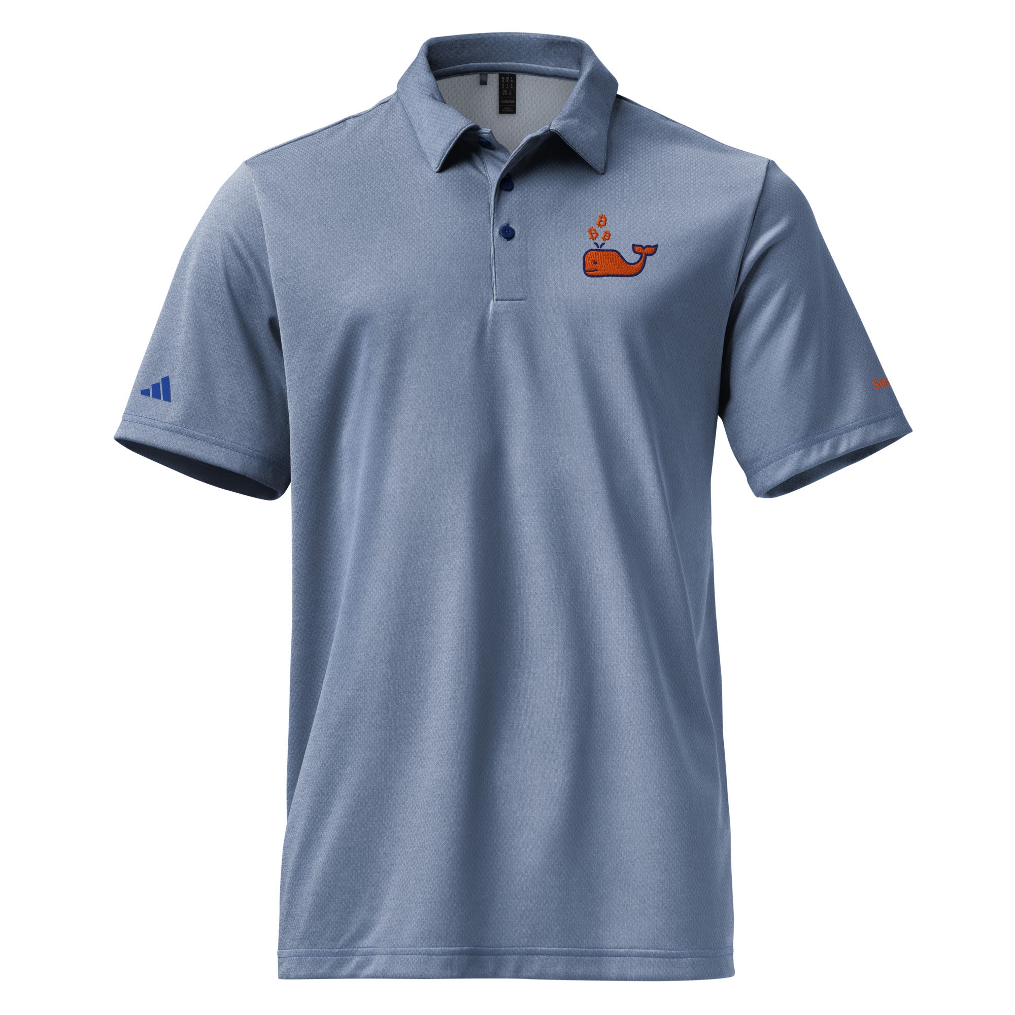 blue polo shirt with a Bitcoin whale logo on a white background by the orange habit at SVRN Society