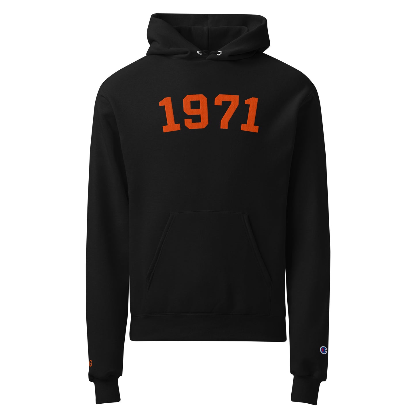 Black hoodie with '1971' printed in orange on a white background