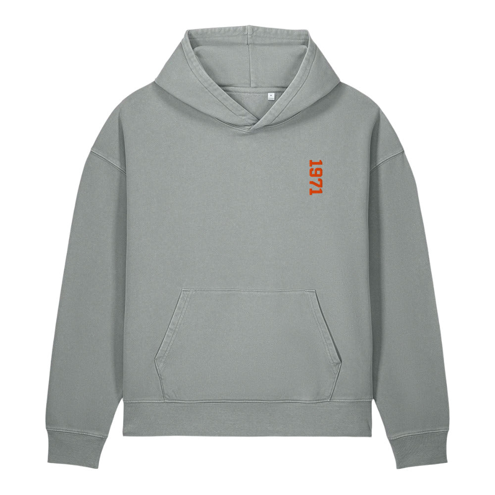 1971 Garment-Dyed Vintage Hoodie in g. dyed misty grey, front view