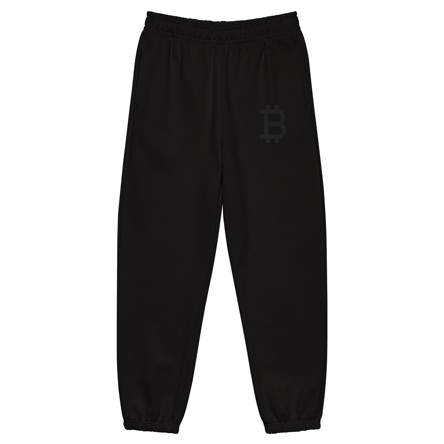 black oversized heavyweight bitcoin sweatpants with black Bitcoin B embroidery by SVRNT at The Orange Habit.