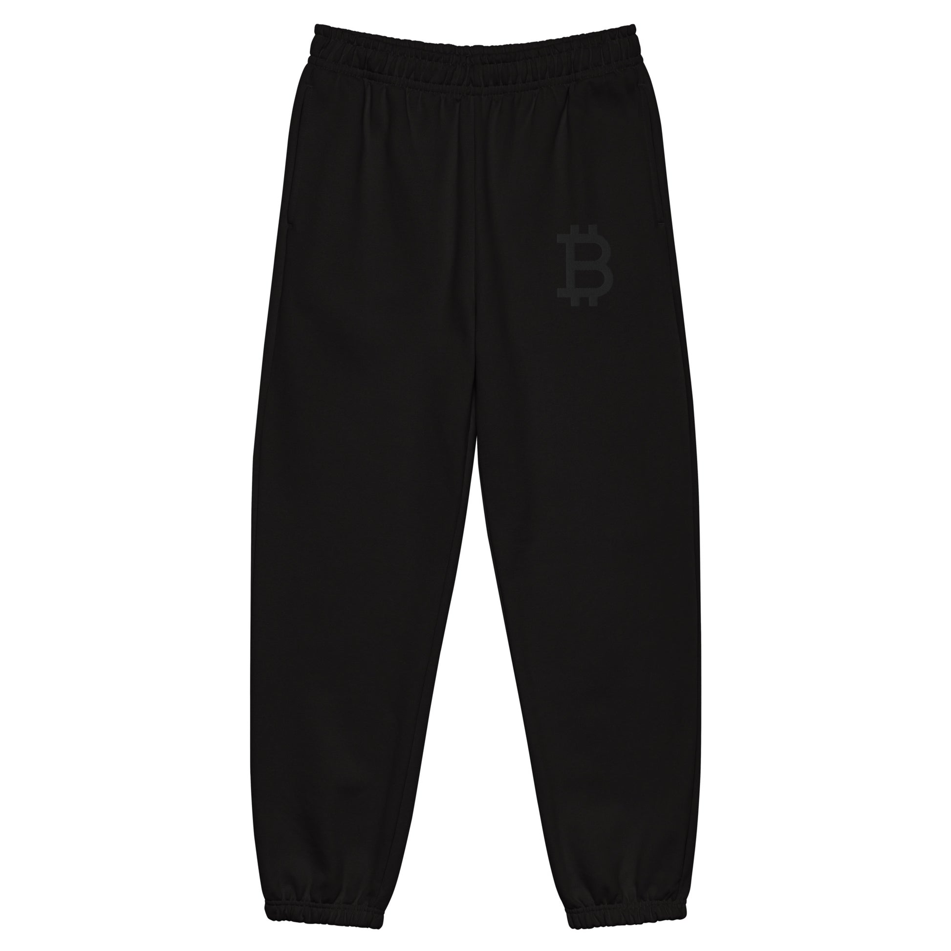 black oversized heavyweight bitcoin sweatpants with black Bitcoin B embroidery by SVRNT at The Orange Habit.