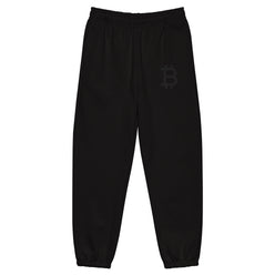 black oversized heavyweight bitcoin sweatpants with black Bitcoin B embroidery by SVRNT at The Orange Habit.
