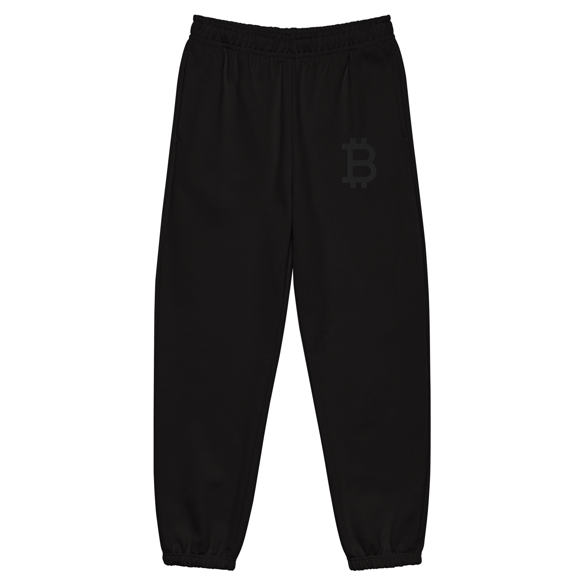 black oversized heavyweight bitcoin sweatpants with black Bitcoin B embroidery by SVRNT at The Orange Habit.