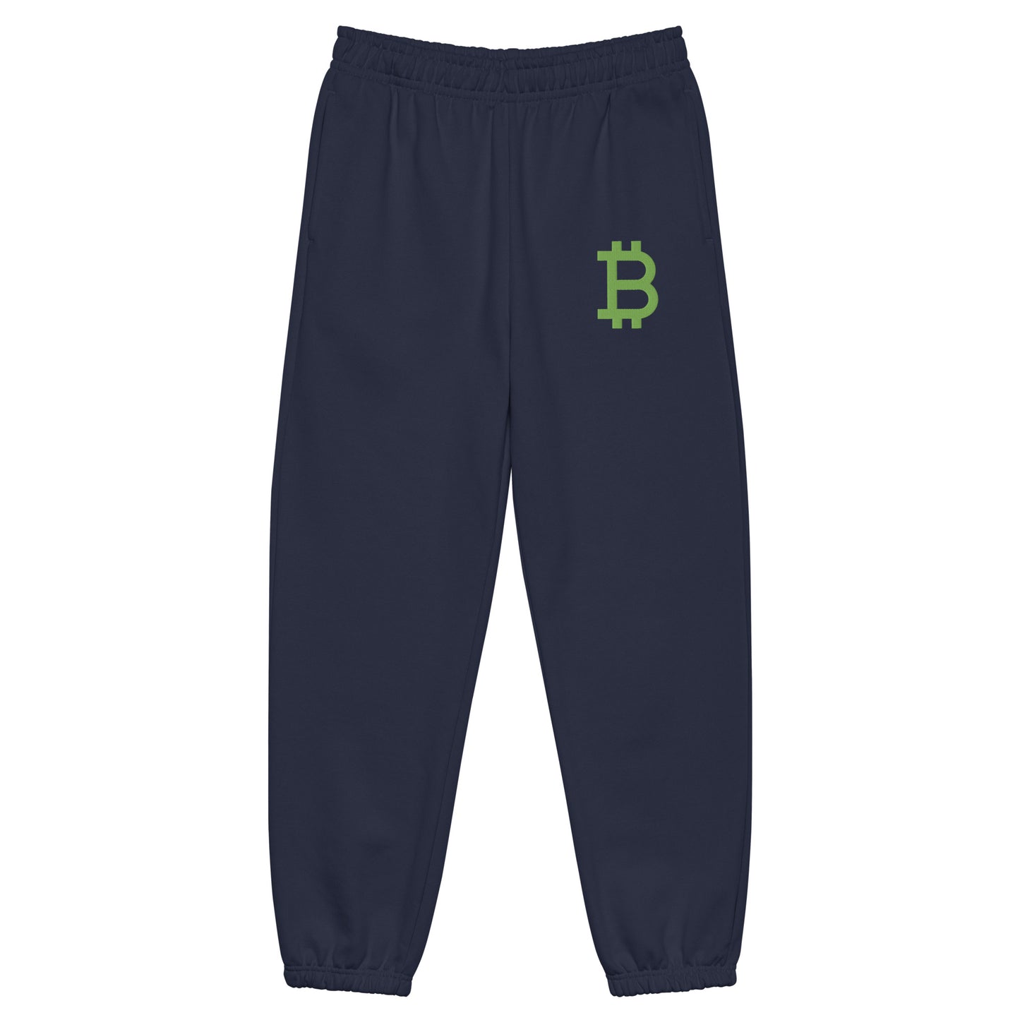 Bitcoin B navy blue sweatpants with green B embroidery at SVRN Society