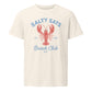 An off-white short-sleeve Bitcoin t-shirt with a graphic print featuring a red lobster and blue text reading 'SALTY SATS Beach Club BTC'.