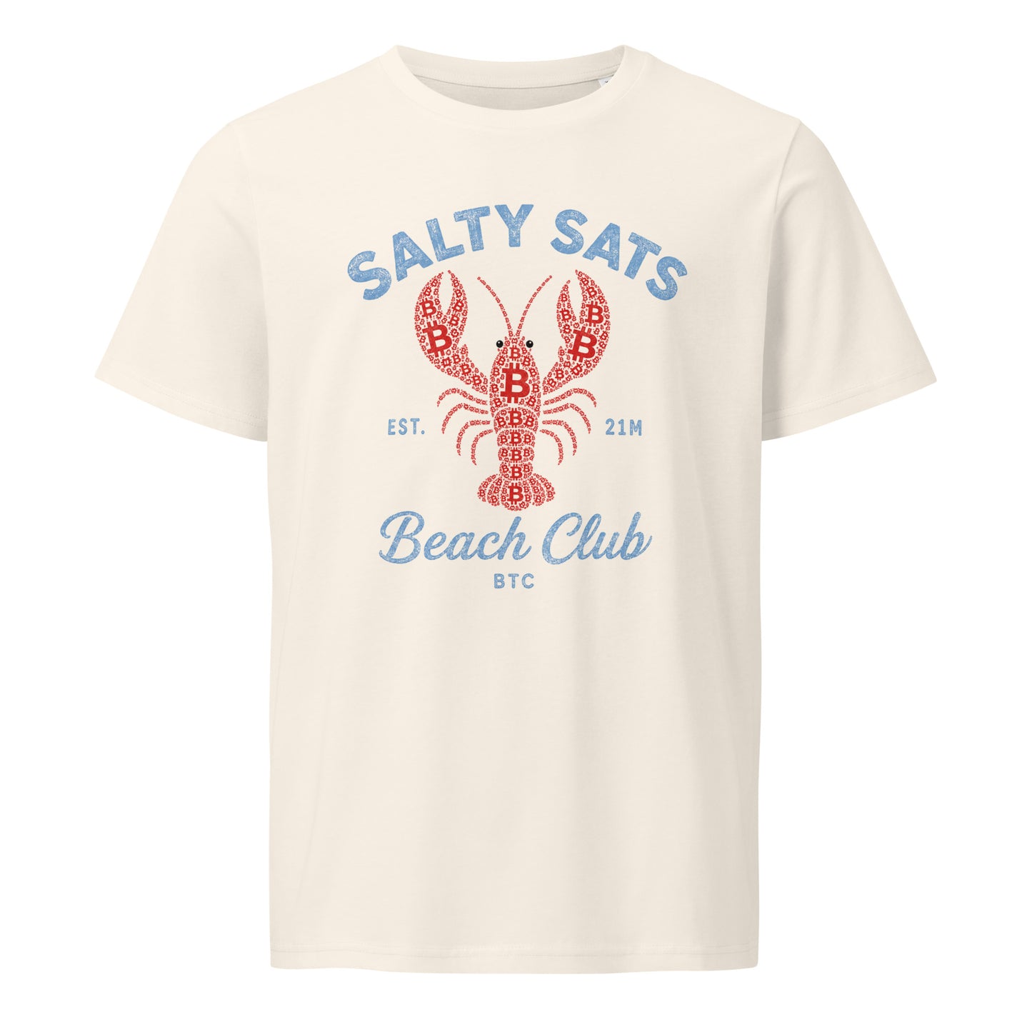 An off-white short-sleeve Bitcoin t-shirt with a graphic print featuring a red lobster and blue text reading 'SALTY SATS Beach Club BTC'.