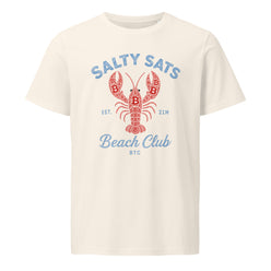 An off-white short-sleeve Bitcoin t-shirt with a graphic print featuring a red lobster and blue text reading 'SALTY SATS Beach Club BTC'.