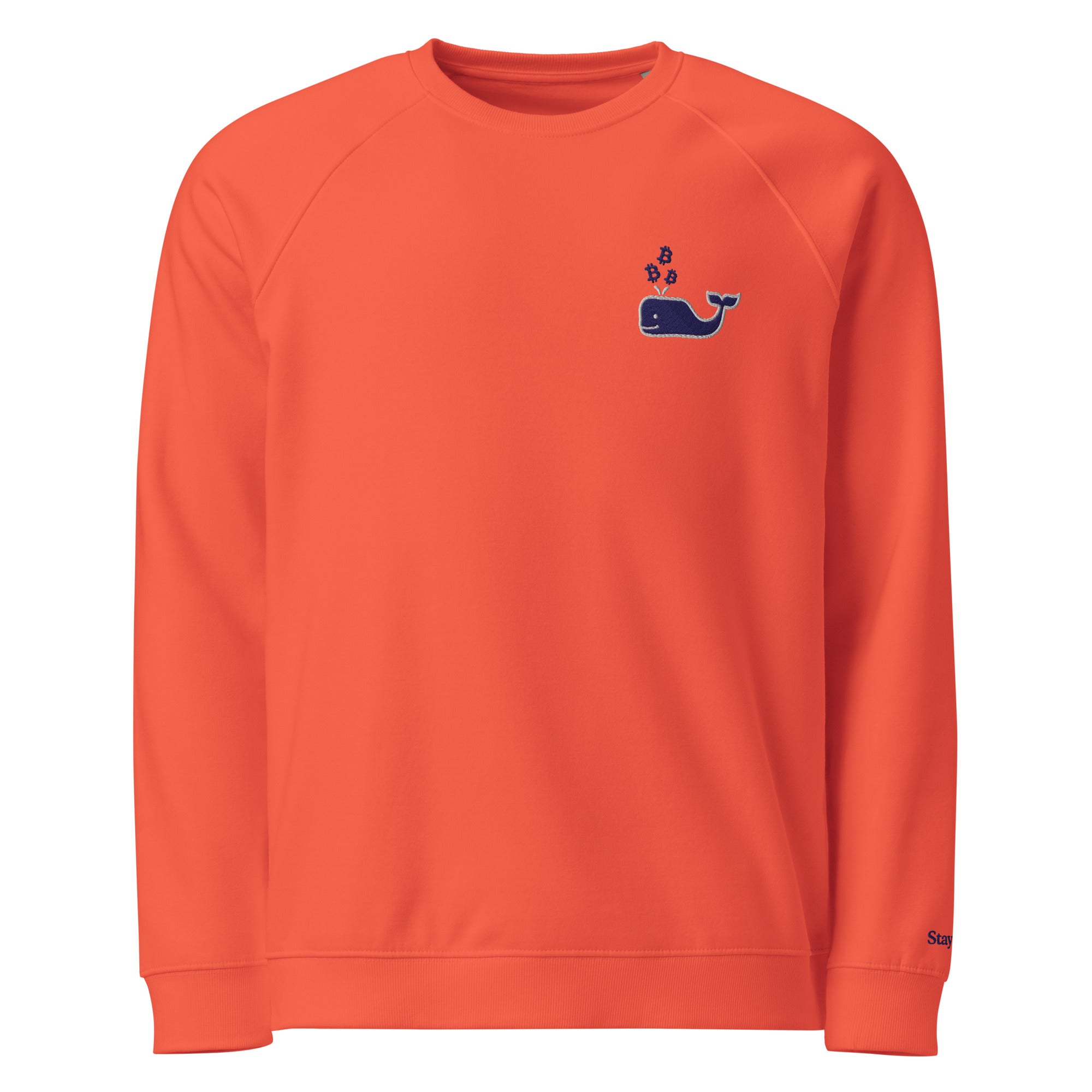 Orange Bitcoin whale sweatshirt with a whale logo on a white background