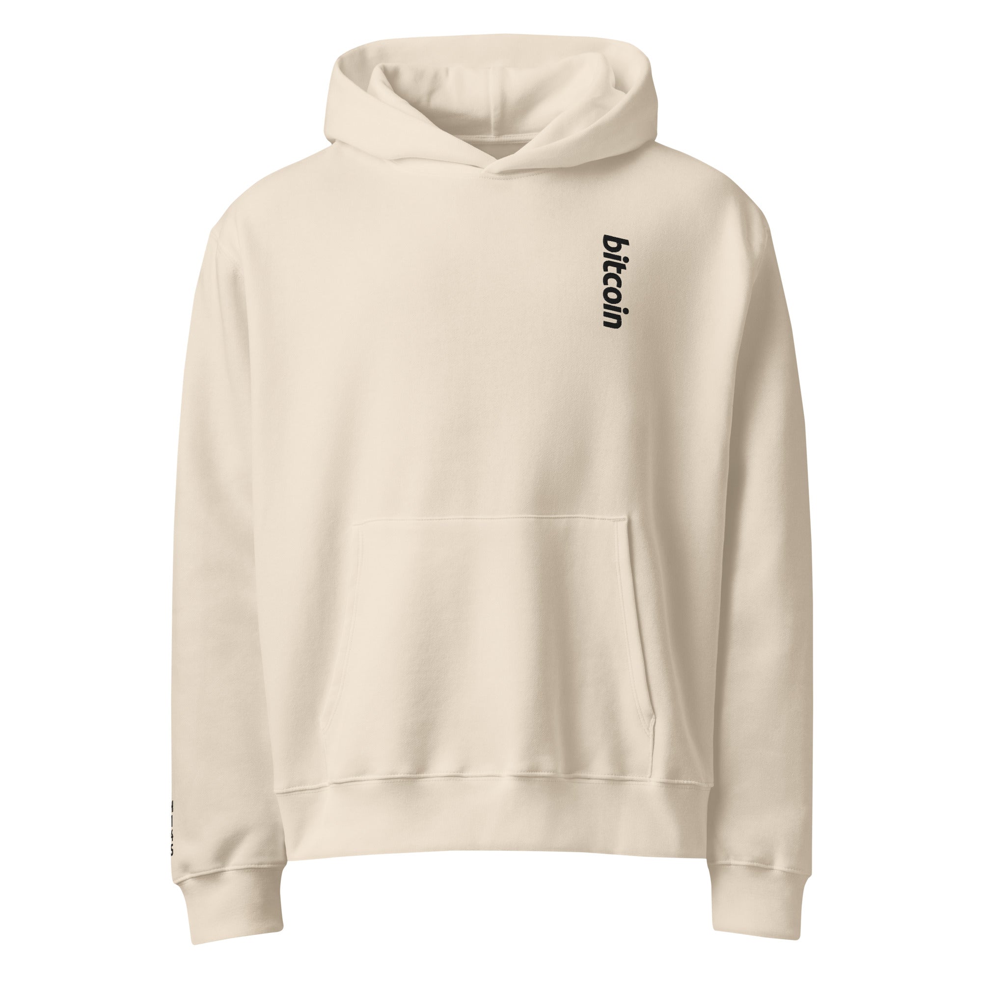 Oversized Heavyweight cream colored Bitcoin Hoodie with black embroidery by SVRNT from the Hoodies collection at The Orange Habit.