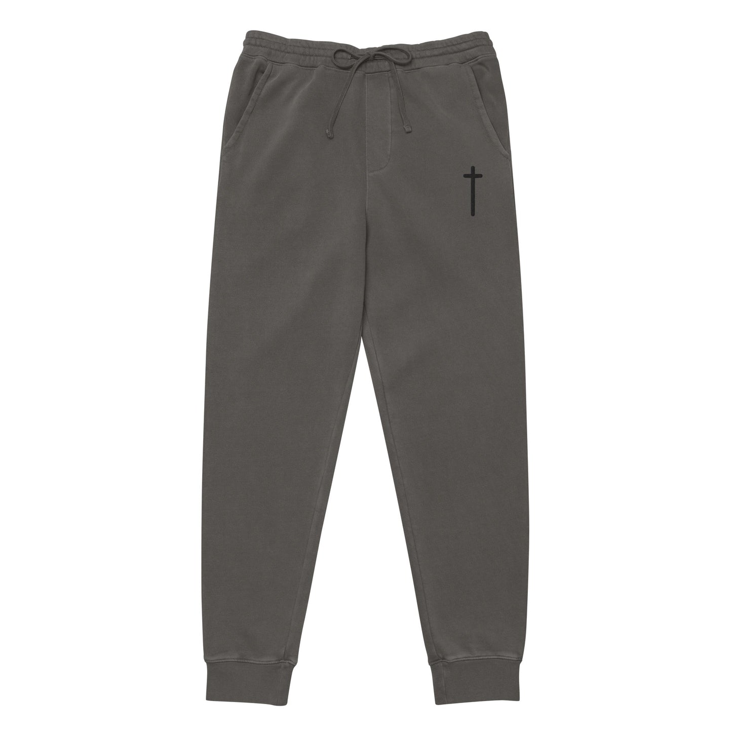 Pigment dyed black premium sweatpants with black embroidered cross by praise society