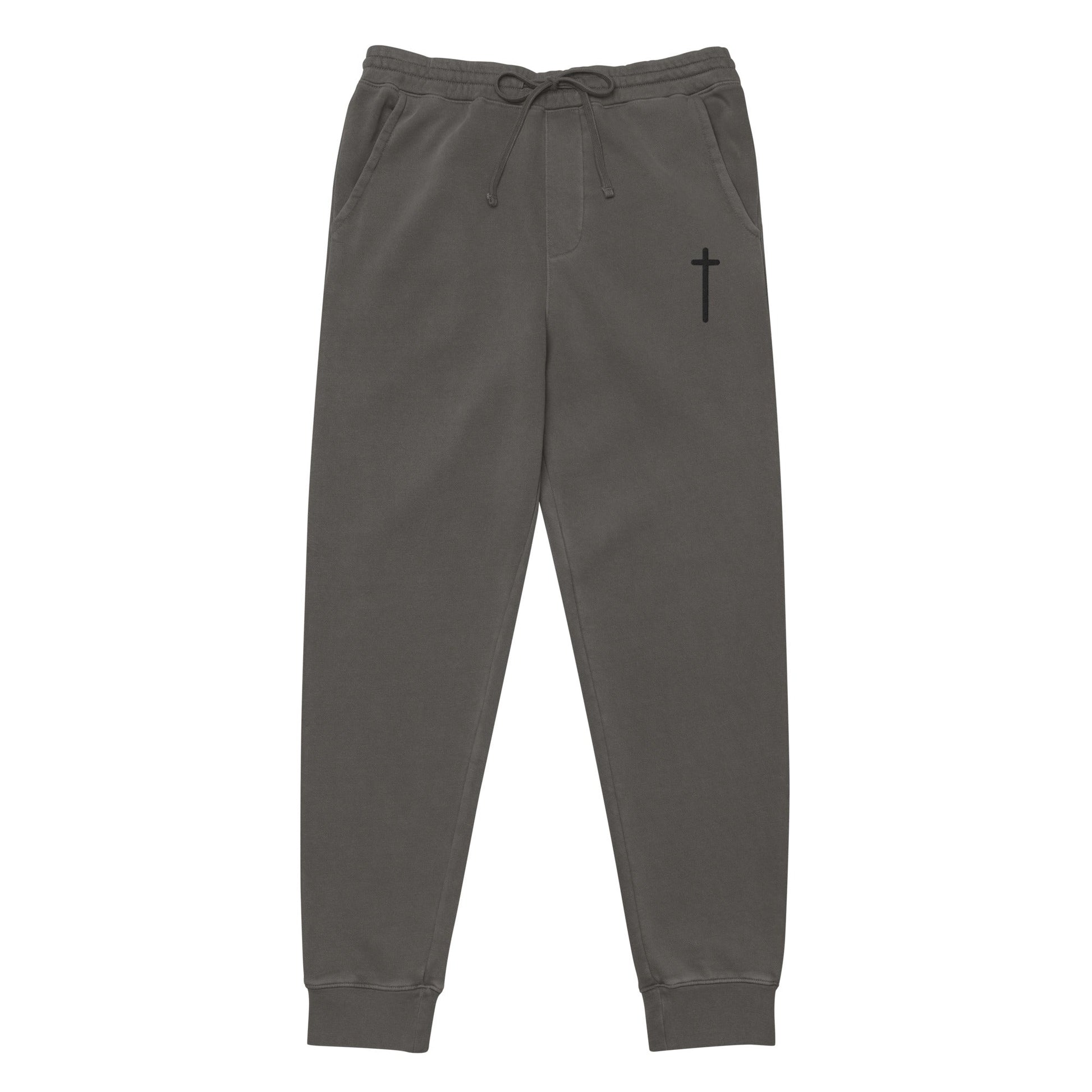 Pigment dyed black premium sweatpants with black embroidered cross by praise society