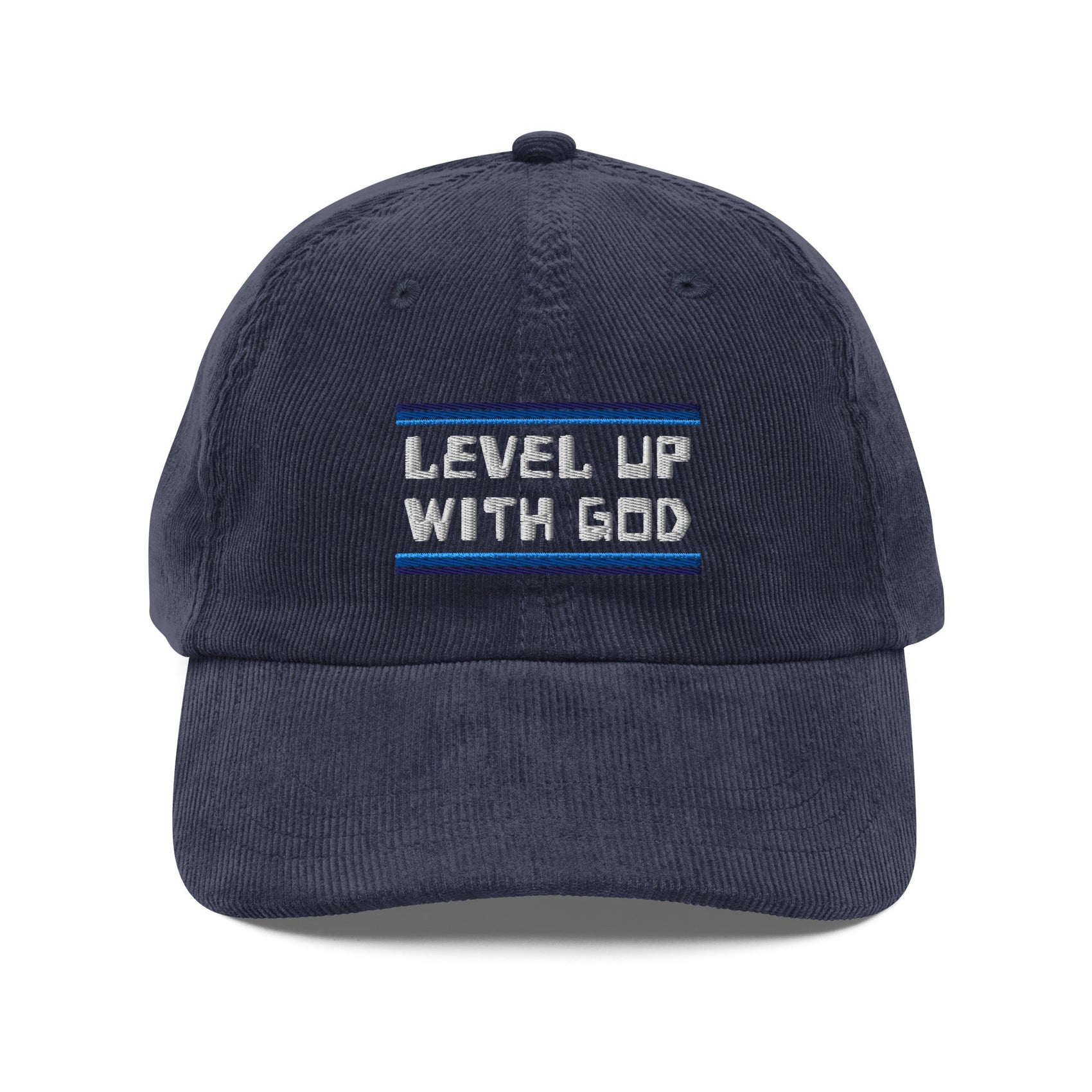 level up with God navy corduroy hat by Praise Society