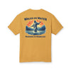 Yellow t-shirt with a graphic of Jesus walking on water and text on a white background