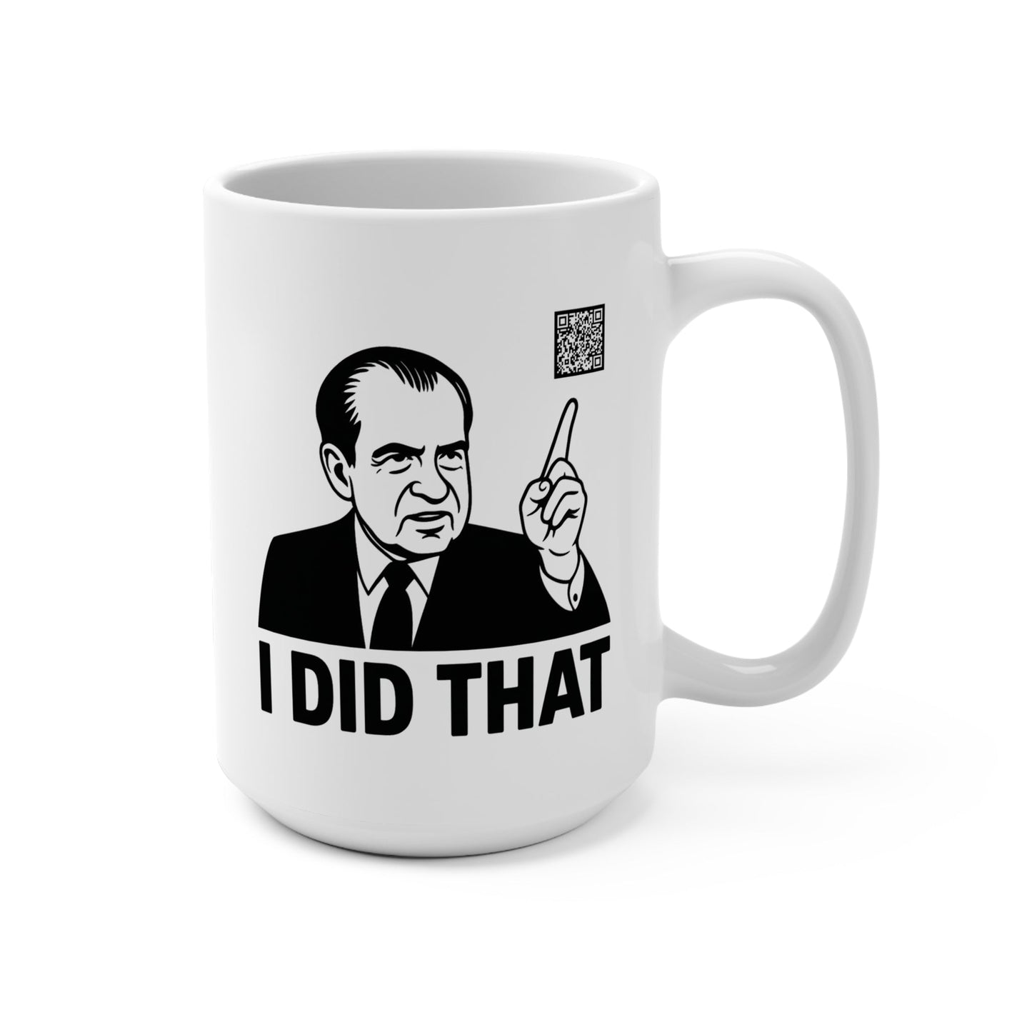 White Bitcoin mug from The Orange Habit with nixon pointing to the national debt clock with a qr code.