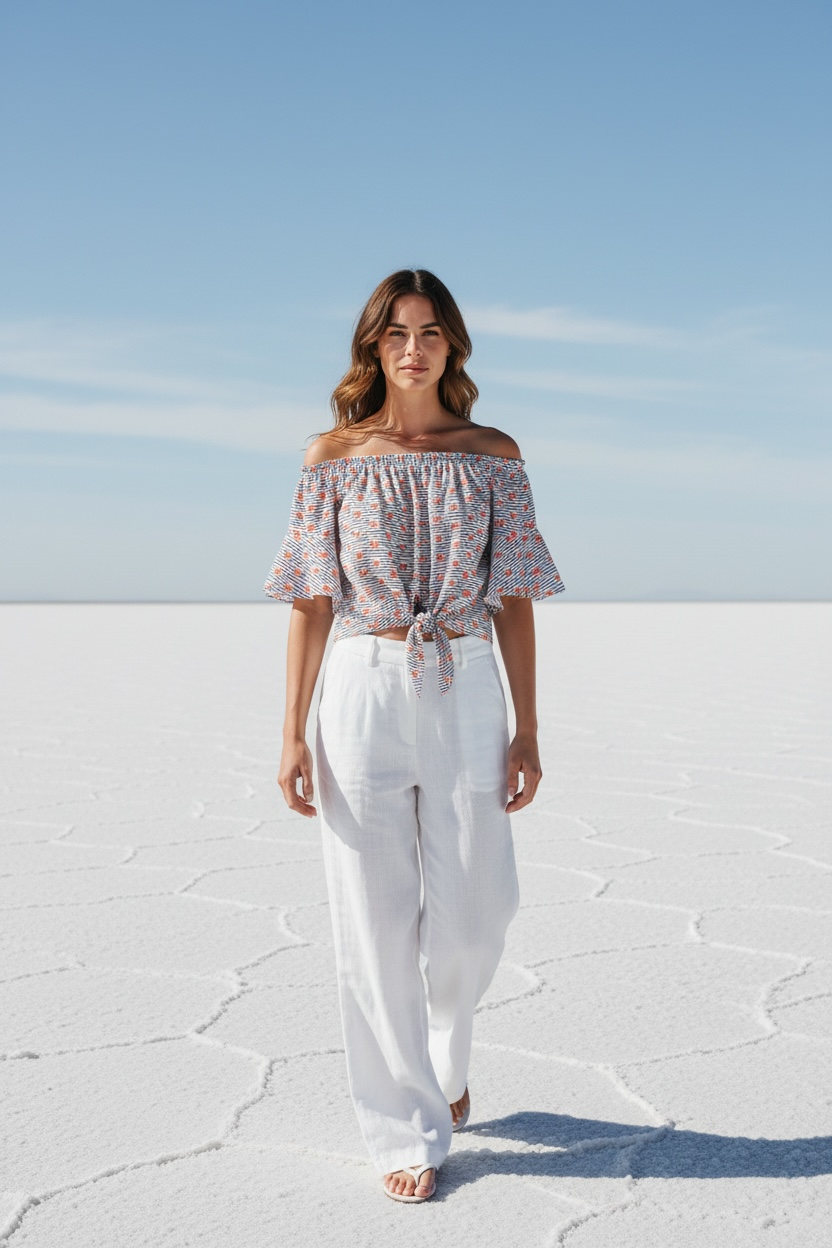 Woman in a nautical off-shoulder top and white pants standing on a salt flat with blue sky.