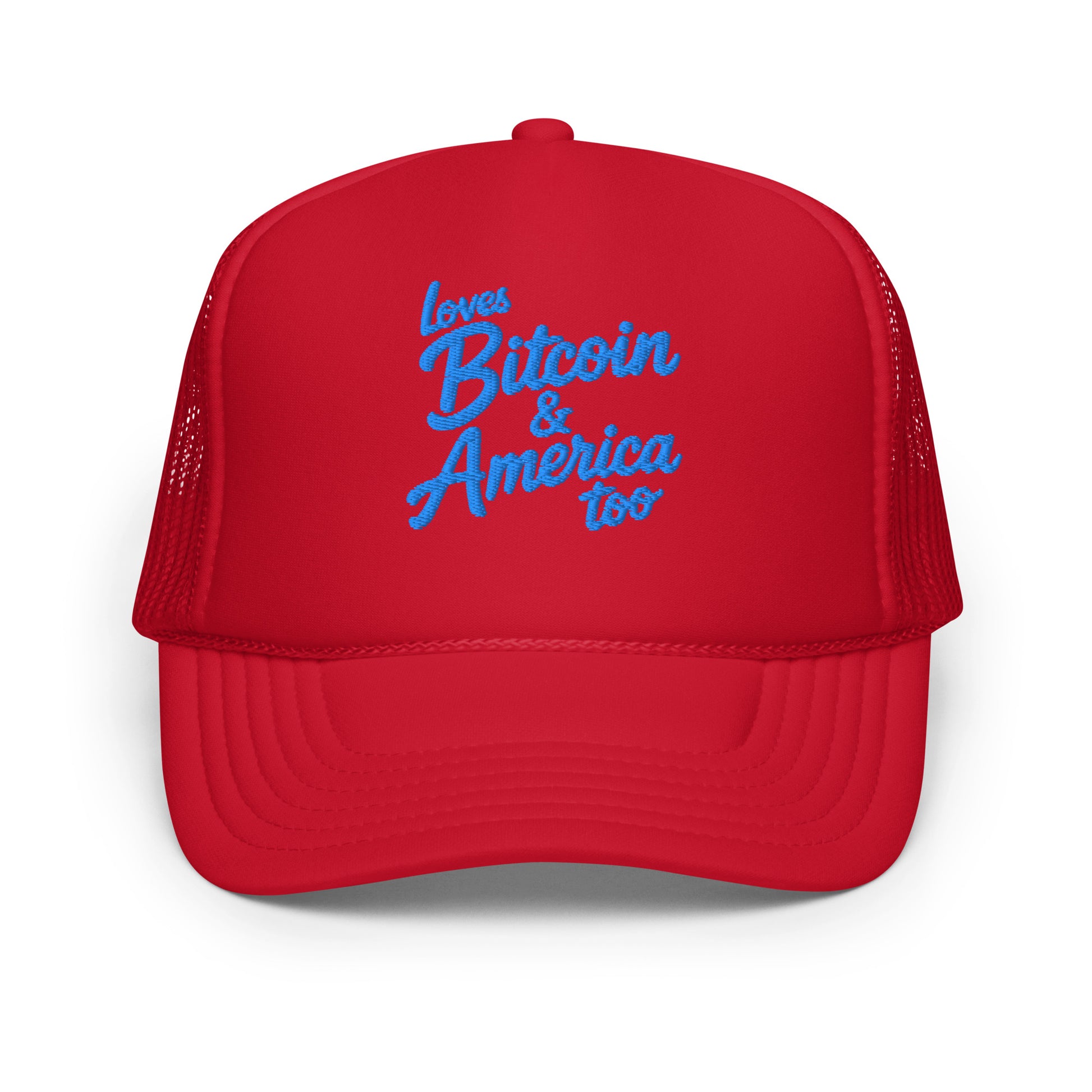 Red cap with blue text 'loves Bitcoin & America too' on a white background