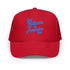 Red cap with blue text &