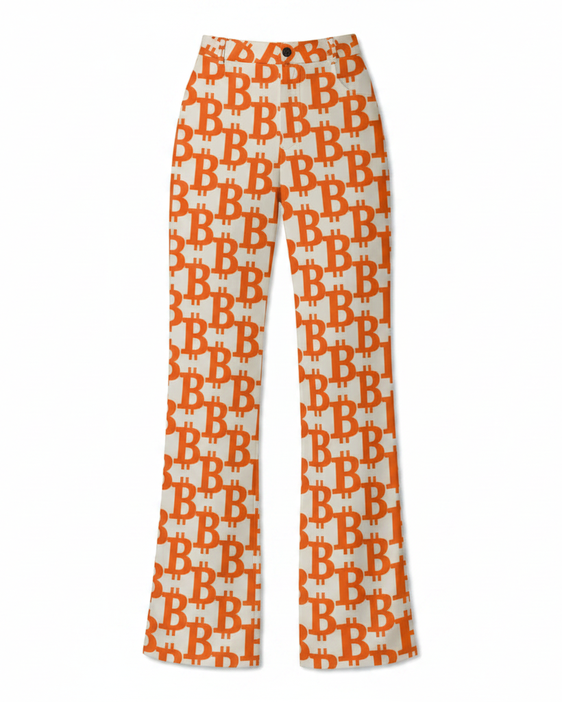 Pants with a repeated bitcoin 'B' pattern on a white background - svrn society