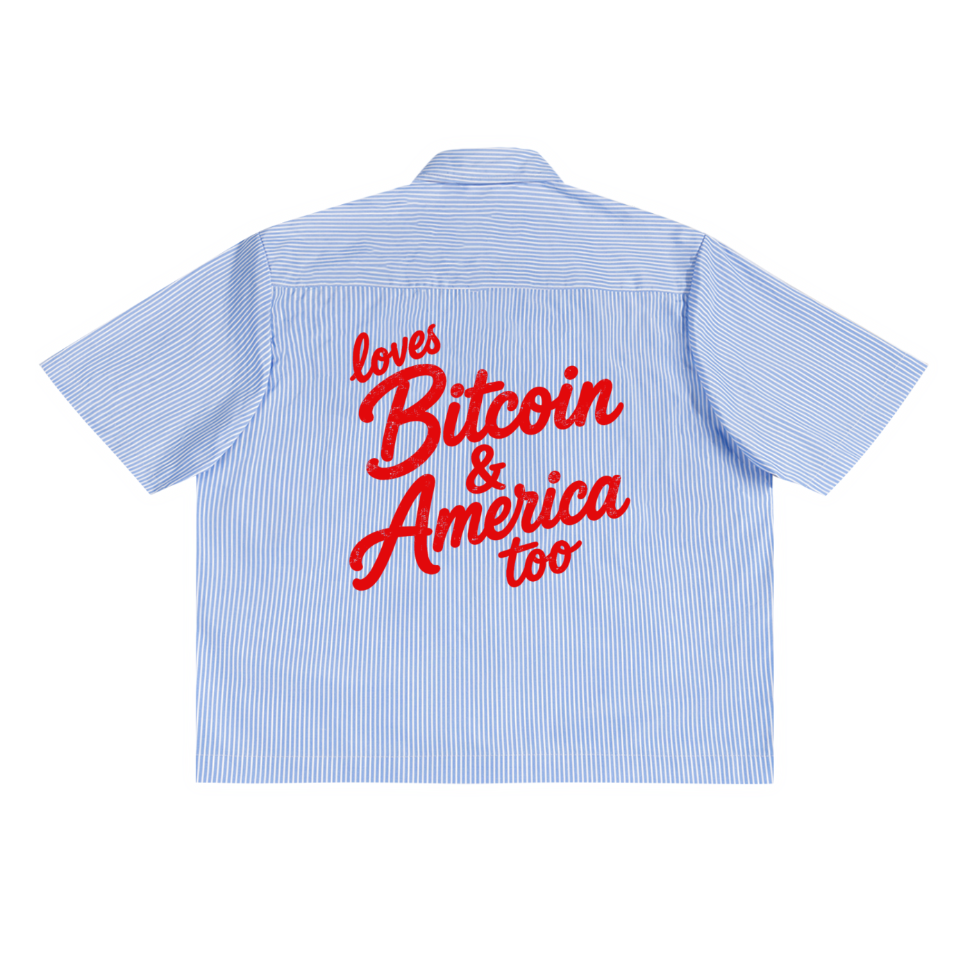 Light blue striped women's Bitcoin shirt with red 'loves bitcoin & america too' lettering on the back on a white background