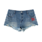 Denim women's bitcoin shorts with Loves Bitcoin & America too printed on the shorts in red on a white background