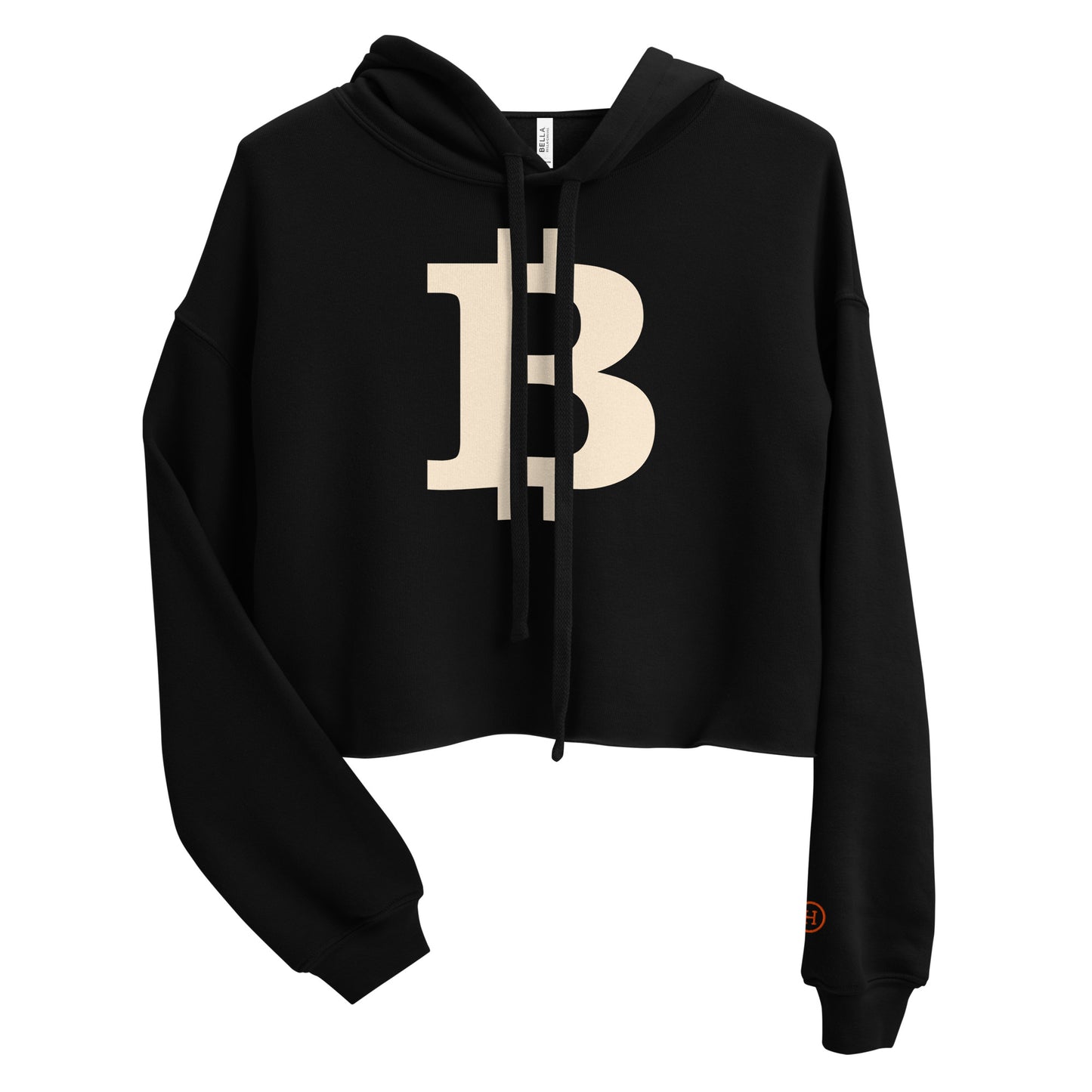 Black women's cropped bitcoin hoodie with a large beige Bitcoin 'B' logo on a white background - SVRN Society