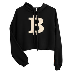 Black women's cropped bitcoin hoodie with a large beige Bitcoin 'B' logo on a white background - SVRN Society
