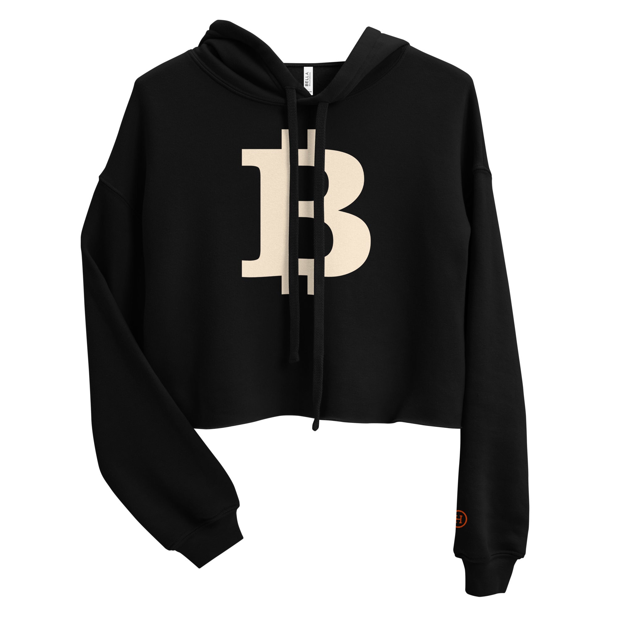 Black women's cropped bitcoin hoodie with a large beige Bitcoin 'B' logo on a white background - SVRN Society