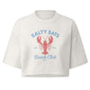 A white cropped Bitcoin t-shirt with a red lobster graphic and blue text reading 'SALTY SATS Beach Club' on the front, displayed against a solid white background.