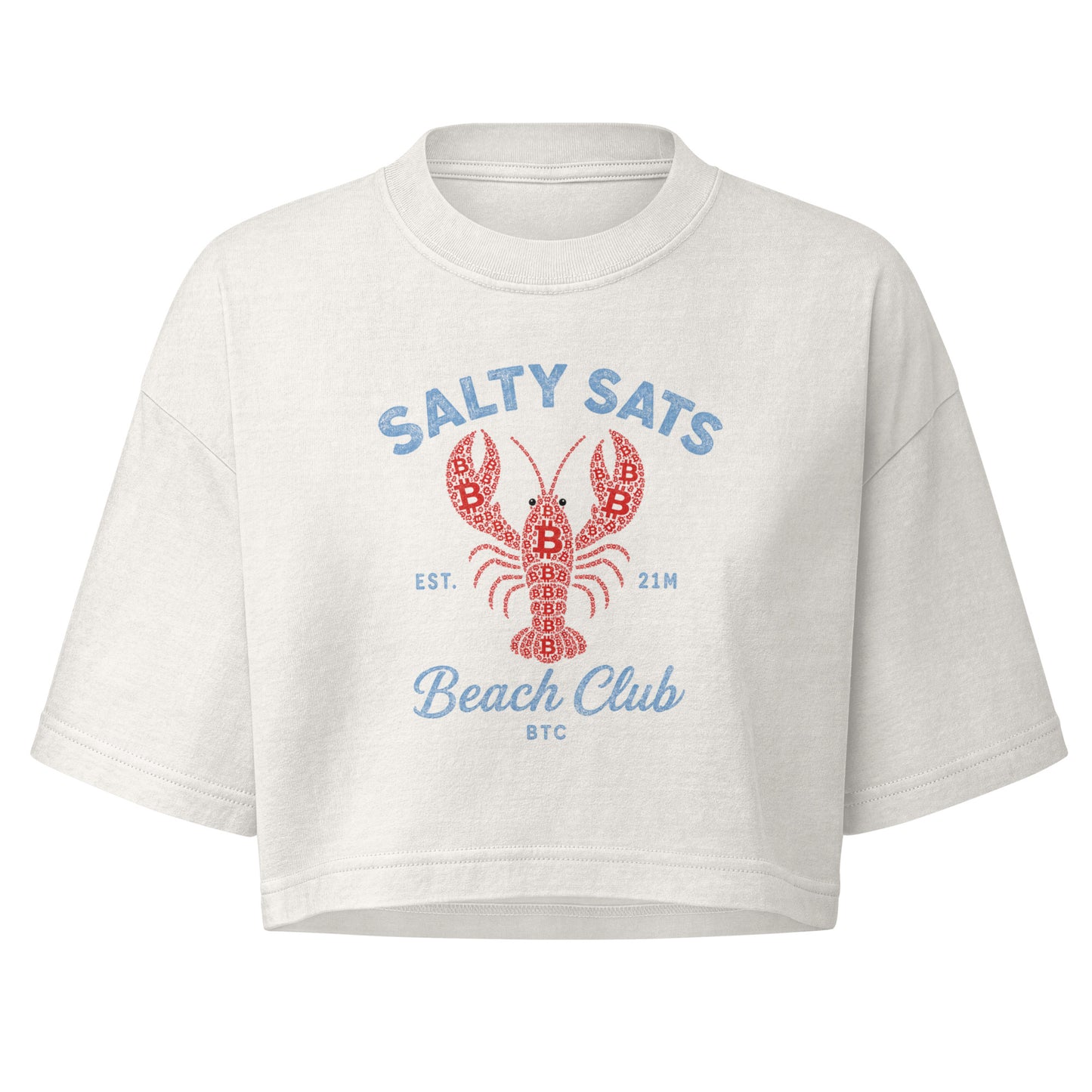A white cropped Bitcoin t-shirt with a red lobster graphic and blue text reading 'SALTY SATS Beach Club' on the front, displayed against a solid white background.