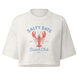 A white cropped Bitcoin t-shirt with a red lobster graphic and blue text reading &