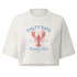 A white cropped Bitcoin t-shirt with a red lobster graphic and blue text reading &