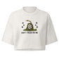 A white cropped short-sleeve Bitcoin t-shirt featuring a Gadsden flag design with a coiled rattlesnake, stars, and the text 'DON'T TREAD ON ME' on the front.