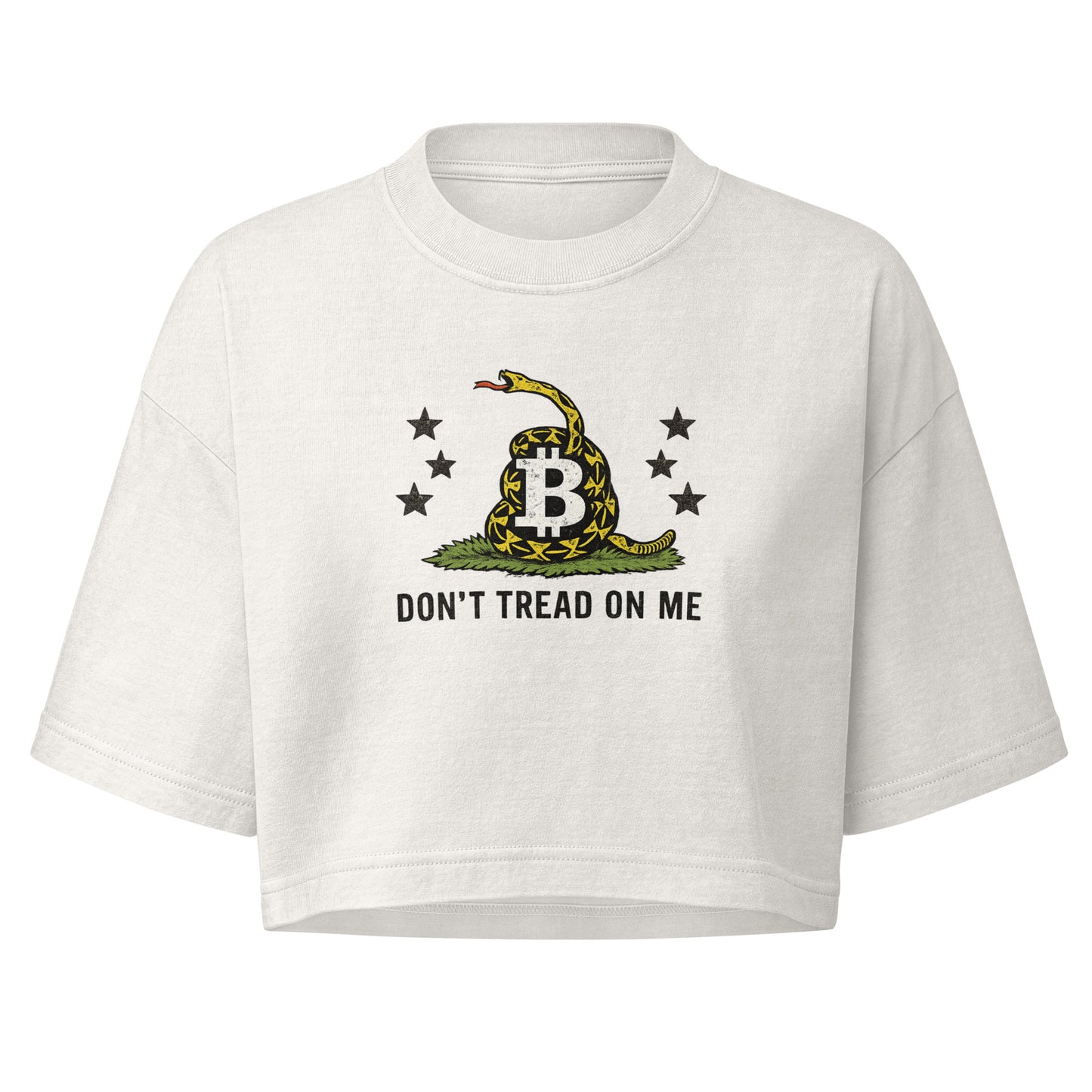A white cropped short-sleeve Bitcoin t-shirt featuring a Gadsden flag design with a coiled rattlesnake, stars, and the text 'DON'T TREAD ON ME' on the front.