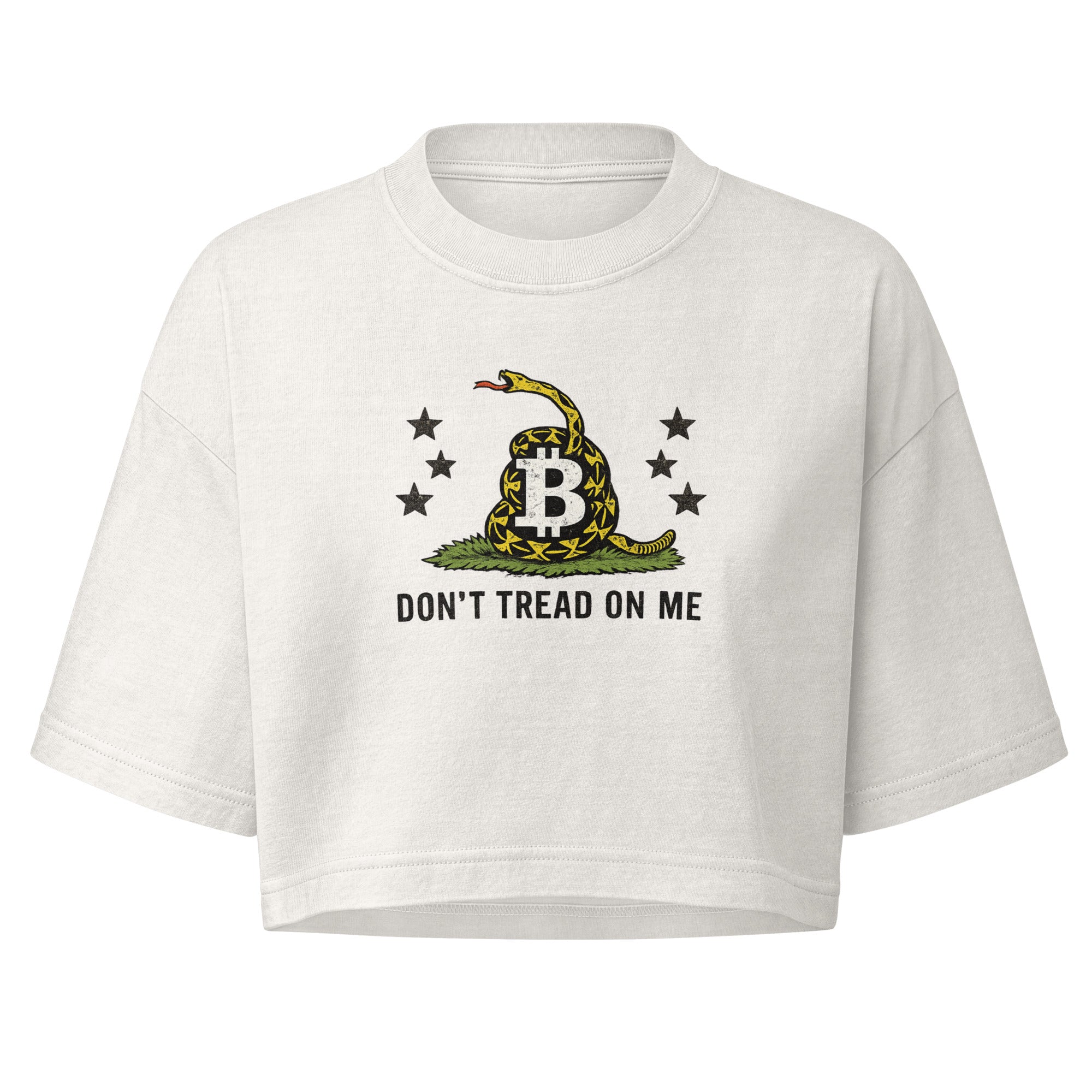 A white cropped short-sleeve Bitcoin t-shirt featuring a Gadsden flag design with a coiled rattlesnake, stars, and the text 'DON'T TREAD ON ME' on the front.