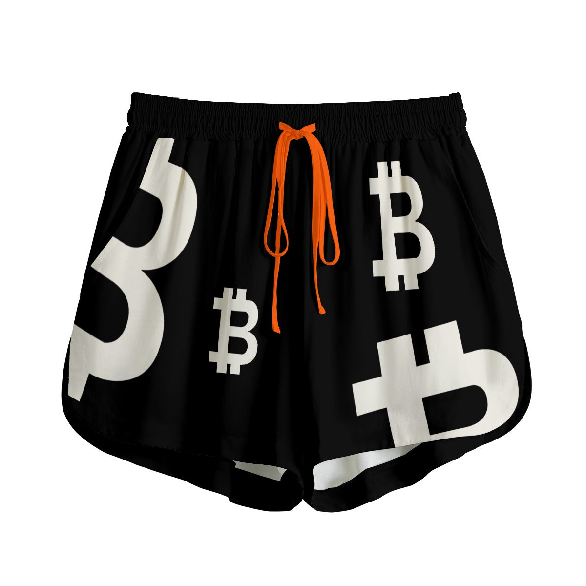 Black shorts with Bitcoin symbols on a white background