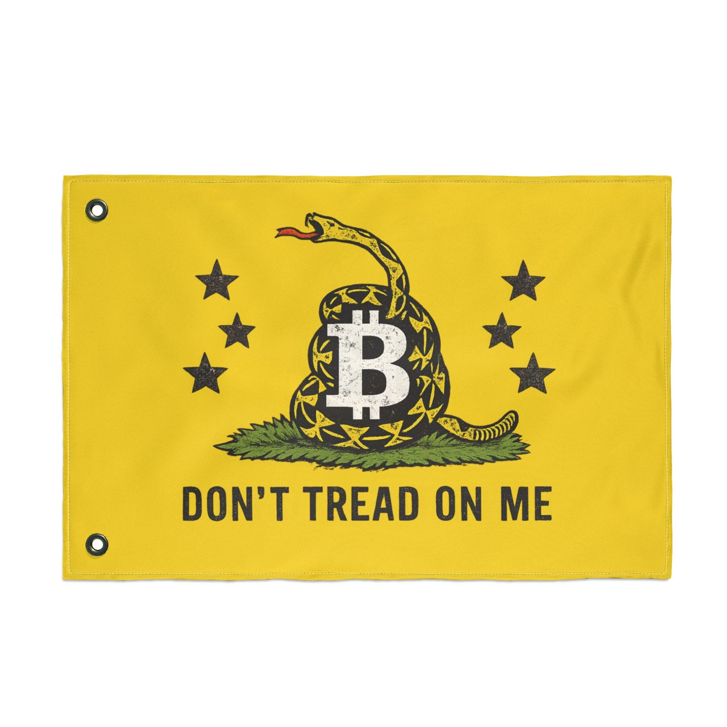 A yellow Gadsden Bitcoin flag featuring a coiled rattlesnake with a Bitcoin symbol in its scales, five black stars, and the text 'DON'T TREAD ON ME' at the bottom. The flag has two metal grommets on the left side and is shown flat against a white background.