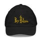 Kids Black Bitcoin Hat with Buy Bitcoin embroidered in yellow on a white background