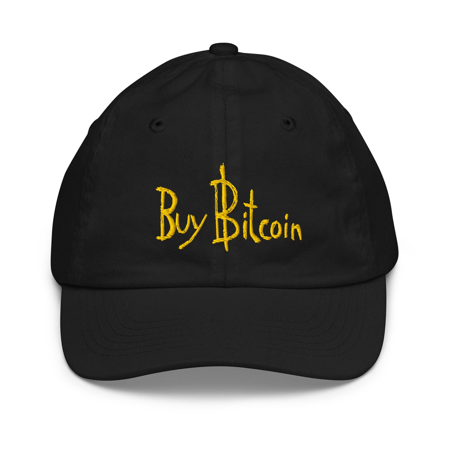 Kids Black Bitcoin Hat with Buy Bitcoin embroidered in yellow on a white background