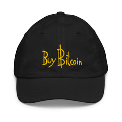 Kids Black Bitcoin Hat with Buy Bitcoin embroidered in yellow on a white background