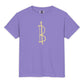 Purple t-shirt with a yellow Bitcoin symbol on a white background