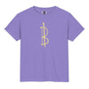 Purple t-shirt with a yellow Bitcoin symbol on a white background
