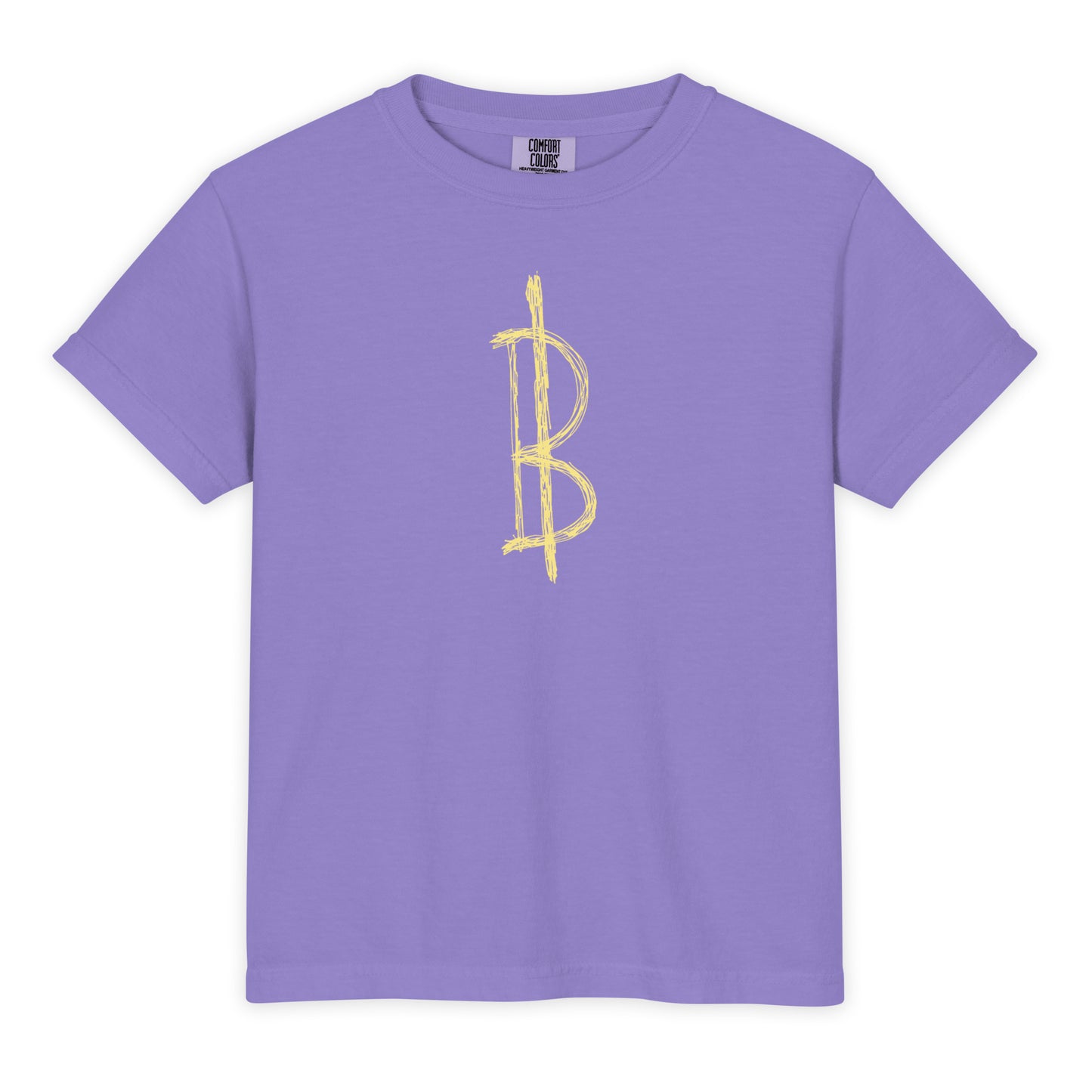 Purple t-shirt with a yellow Bitcoin symbol on a white background