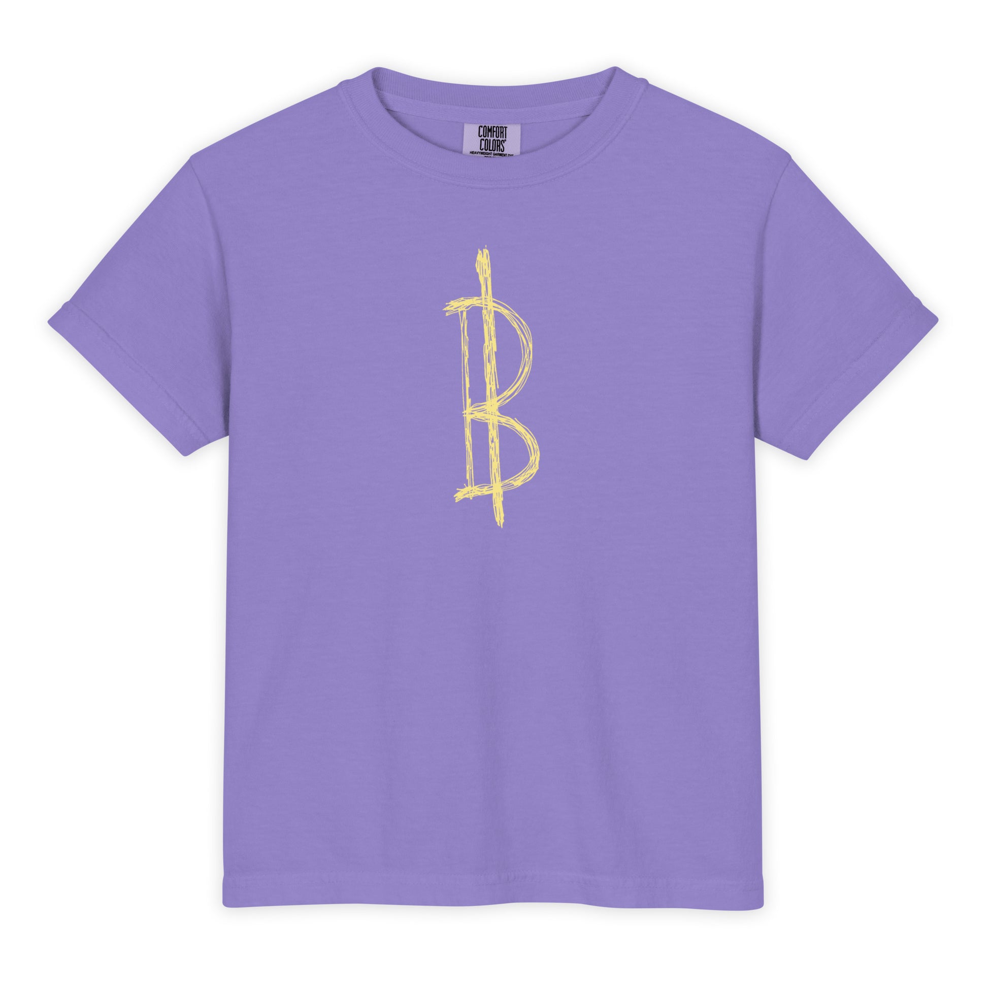 Purple t-shirt with a yellow Bitcoin symbol on a white background