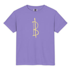 Purple t-shirt with a yellow Bitcoin symbol on a white background