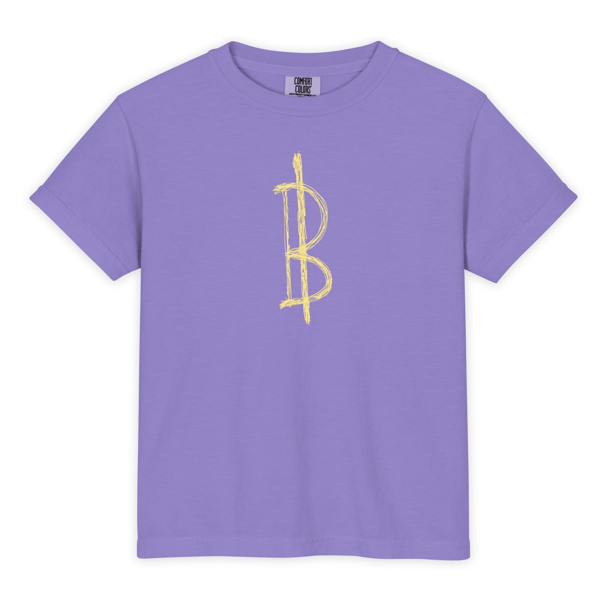 Purple t-shirt with a yellow Bitcoin symbol on a white background