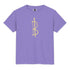 Purple t-shirt with a yellow Bitcoin symbol on a white background